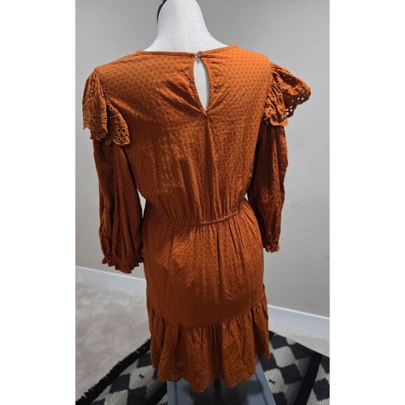 Rust Orange Long-Sleeve Textured Dress W/Eyelet Detailing & Elastic Waist By Uni - Picture 2 of 13